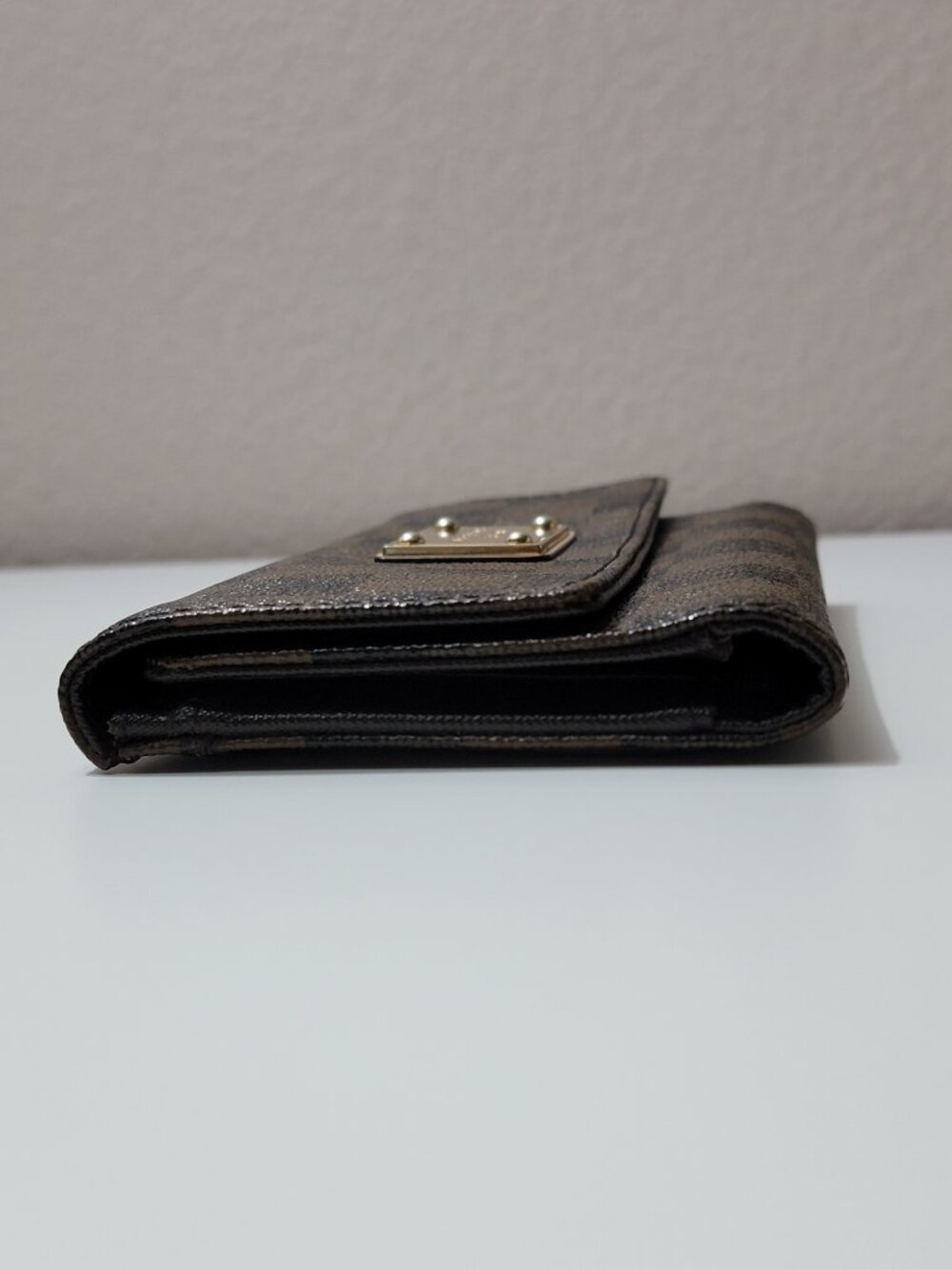 Michael Kors Jet Set Checkbook Wallet Brown Checkerboard Logo Print Gold Plate - Picture 7 of 10
